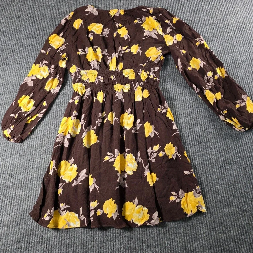 WAYF Brown Yellow Floral Long Sleeve Smocked Mini Dress‎ Tie Front Small NWT